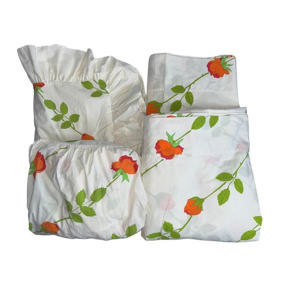 Vintage 70s Christian Dior Wamsutta Rose Twin Flat Fitted Sheets Pillow Sham - Picture 1 of 8